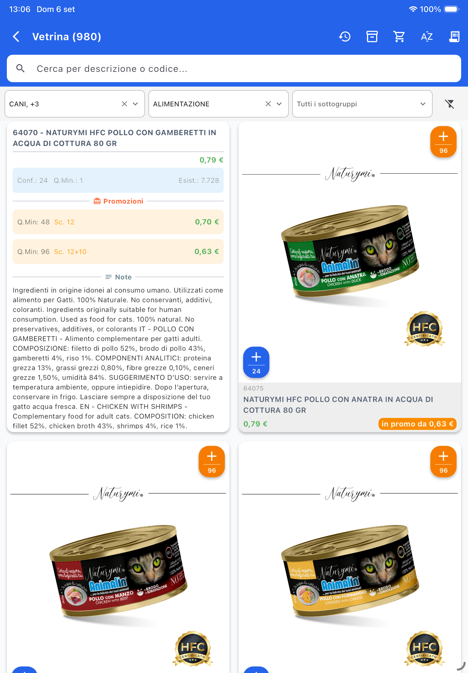 Vetrina ordine, retro scheda con promozioni